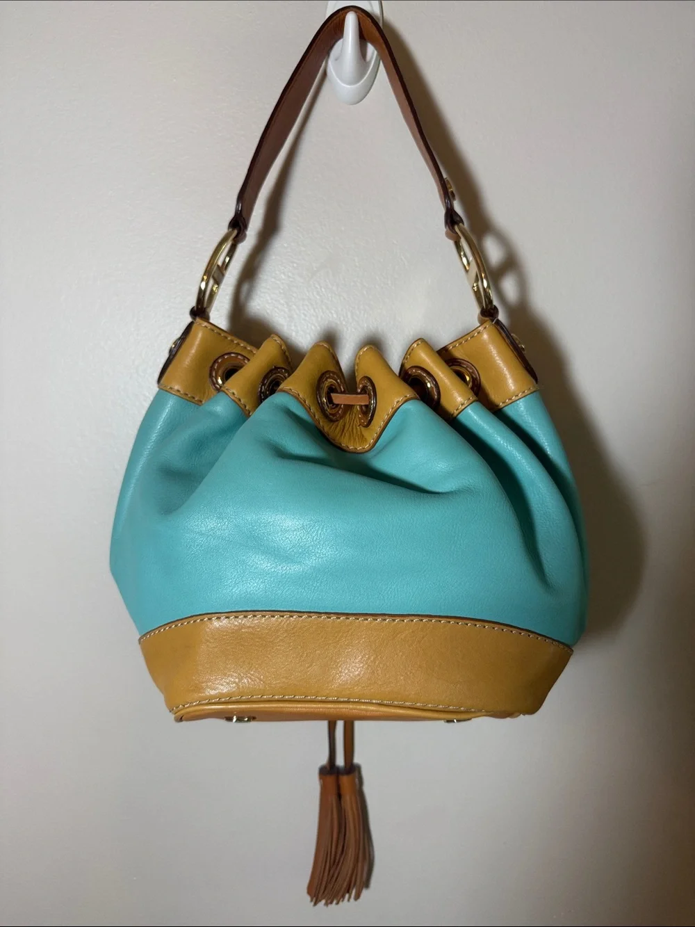 Turquoise & Tan Michael Kors Drawstring Bucket Bag - Women